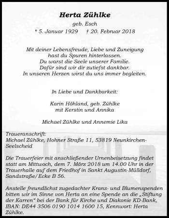 Anzeige von Herta Zühlke von Kölner Stadt-Anzeiger / Kölnische Rundschau / Express