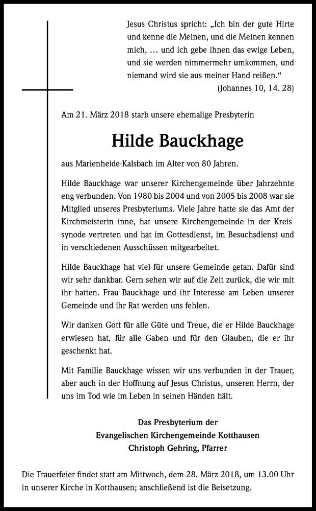  Traueranzeige für Hilde Bauckhage vom 24.03.2018 aus Kölner Stadt-Anzeiger / Kölnische Rundschau / Express