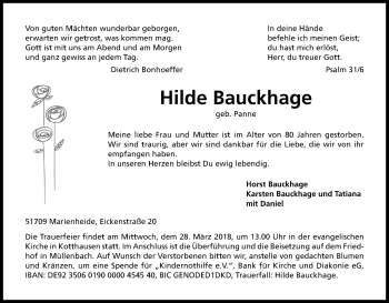 Anzeige von Hilde Bauckhage von Kölner Stadt-Anzeiger / Kölnische Rundschau / Express