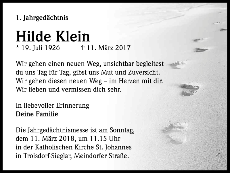  Traueranzeige für Hilde Klein vom 10.03.2018 aus Kölner Stadt-Anzeiger / Kölnische Rundschau / Express