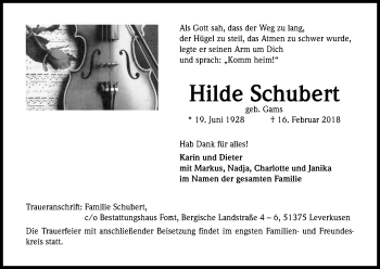 Anzeige von Hilde Schubert von Kölner Stadt-Anzeiger / Kölnische Rundschau / Express