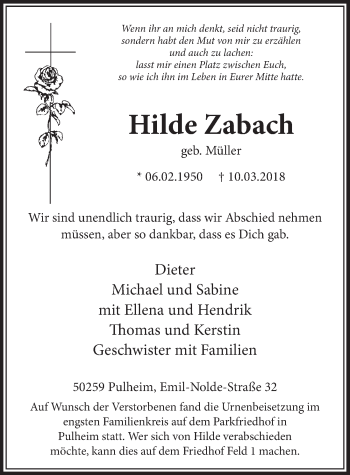 Anzeige von Hilde Zabach von  Sonntags-Post 