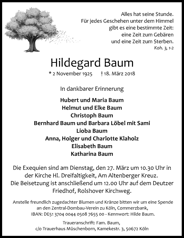  Traueranzeige für Hildegard Baum vom 24.03.2018 aus Kölner Stadt-Anzeiger / Kölnische Rundschau / Express