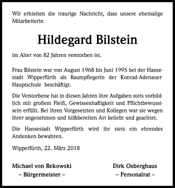Anzeige von Hildegard Bilstein von Kölner Stadt-Anzeiger / Kölnische Rundschau / Express