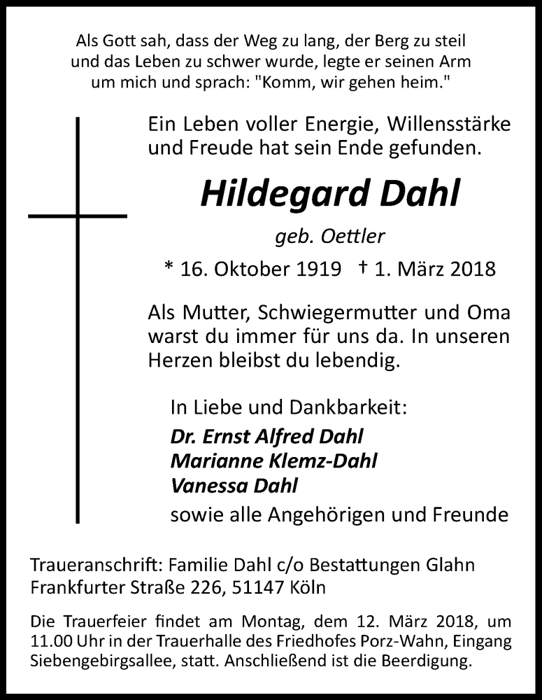  Traueranzeige für Hildegard Dahl vom 07.03.2018 aus Kölner Stadt-Anzeiger / Kölnische Rundschau / Express