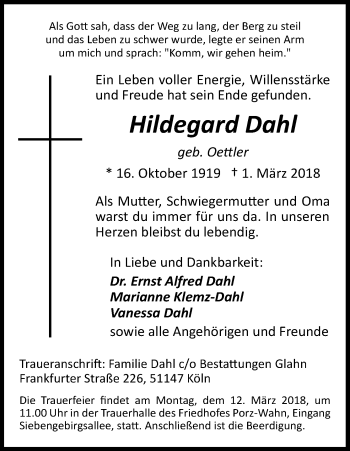 Anzeige von Hildegard Dahl von Kölner Stadt-Anzeiger / Kölnische Rundschau / Express