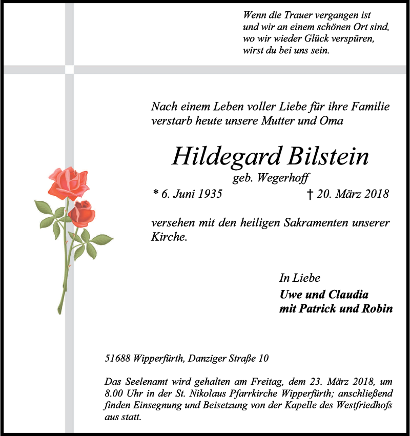  Traueranzeige für Hildegard Eilstein vom 21.03.2018 aus Kölner Stadt-Anzeiger / Kölnische Rundschau / Express