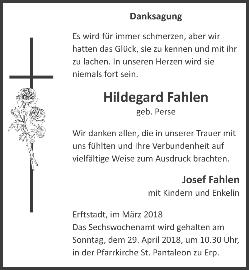  Traueranzeige für Hildegard Fahlen vom 28.03.2018 aus  Werbepost 