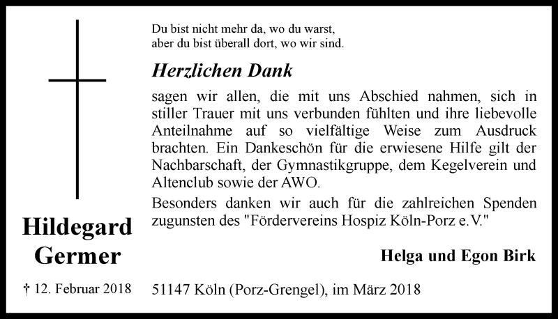  Traueranzeige für Hildegard Germer vom 14.03.2018 aus  Kölner Wochenspiegel 