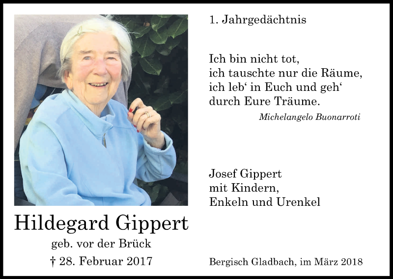  Traueranzeige für Hildegard Gippert vom 03.03.2018 aus Kölner Stadt-Anzeiger / Kölnische Rundschau / Express
