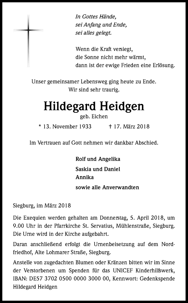 Traueranzeige für Hildegard Heidgen vom 31.03.2018 aus Kölner Stadt-Anzeiger / Kölnische Rundschau / Express