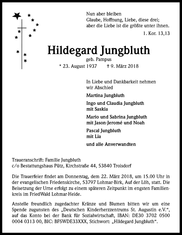  Traueranzeige für Hildegard Jungbluth vom 17.03.2018 aus Kölner Stadt-Anzeiger / Kölnische Rundschau / Express