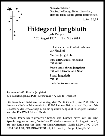 Anzeige von Hildegard Jungbluth von Kölner Stadt-Anzeiger / Kölnische Rundschau / Express