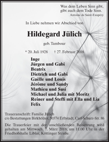 Anzeige von Hildegard Jülich von  Sonntags-Post 