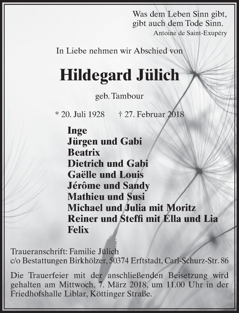  Traueranzeige für Hildegard Jülich vom 03.03.2018 aus  Sonntags-Post 