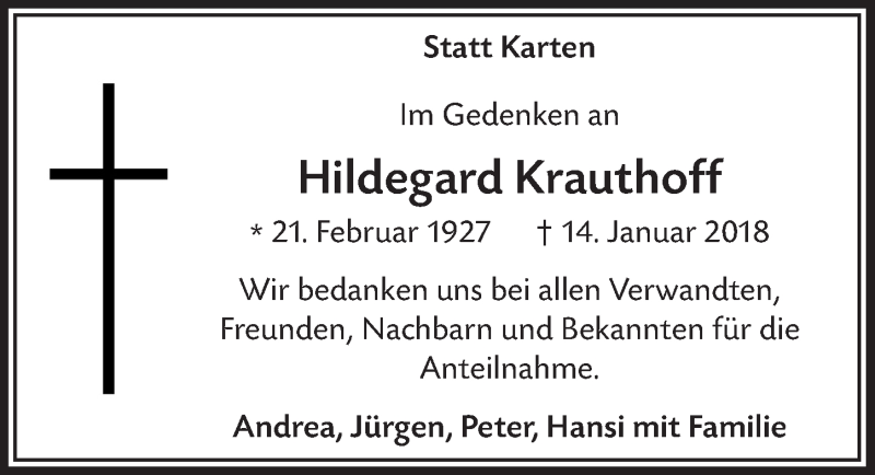 Traueranzeige für Hildegard Krauthoff vom 14.03.2018 aus  Anzeigen Echo 