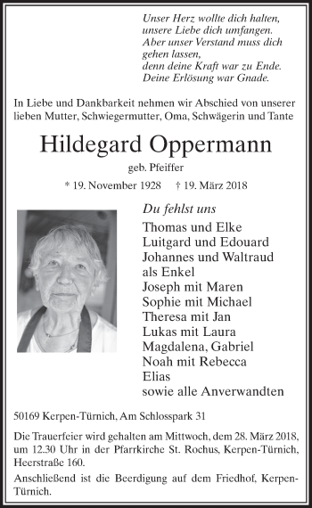 Anzeige von Hildegard Oppermann von  Sonntags-Post 