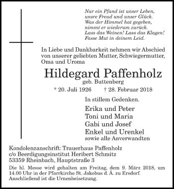 Anzeige von Hildegard Paffenholz von  Schaufenster/Blickpunkt 