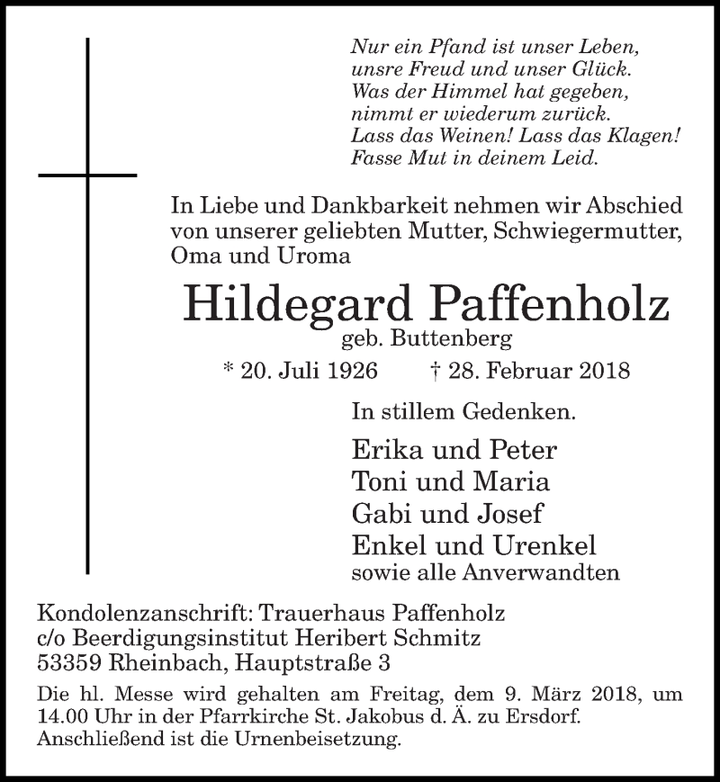  Traueranzeige für Hildegard Paffenholz vom 07.03.2018 aus  Schaufenster/Blickpunkt 