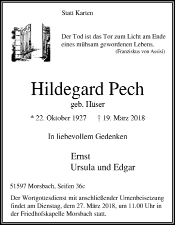 Anzeige von Hildegard Pech von Kölner Stadt-Anzeiger / Kölnische Rundschau / Express