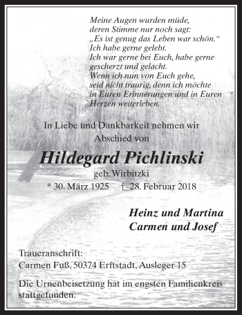 Anzeige von Hildegard Pichlinski von  Werbepost 