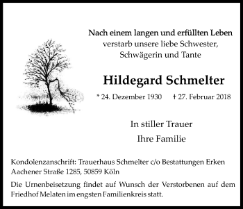 Anzeige von Hildegard Schmelter von Kölner Stadt-Anzeiger / Kölnische Rundschau / Express