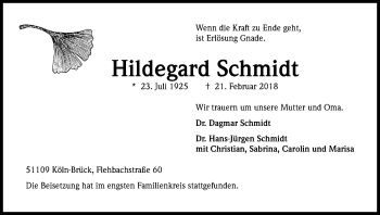 Anzeige von Hildegard Schmidt von Kölner Stadt-Anzeiger / Kölnische Rundschau / Express