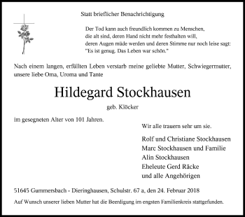 Anzeige von Hildegard Stockhausen von Kölner Stadt-Anzeiger / Kölnische Rundschau / Express