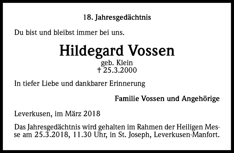  Traueranzeige für Hildegard Vossen vom 24.03.2018 aus Kölner Stadt-Anzeiger / Kölnische Rundschau / Express