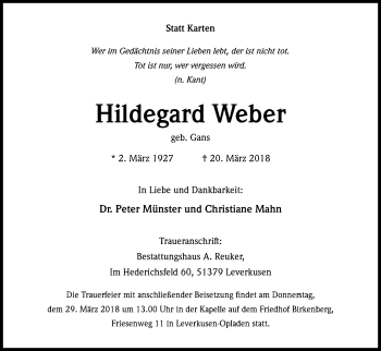 Anzeige von Hildegard Weber von Kölner Stadt-Anzeiger / Kölnische Rundschau / Express