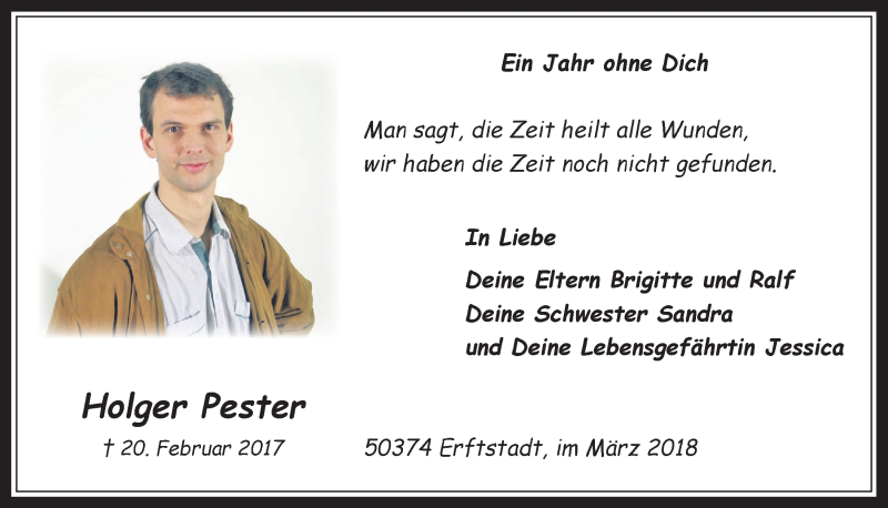  Traueranzeige für Holger Pester vom 07.03.2018 aus  Werbepost 