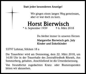 Anzeige von Horst Bierwisch von Kölner Stadt-Anzeiger / Kölnische Rundschau / Express