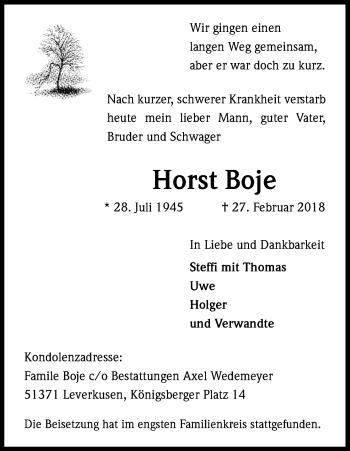 Anzeige von Horst Boje von Kölner Stadt-Anzeiger / Kölnische Rundschau / Express