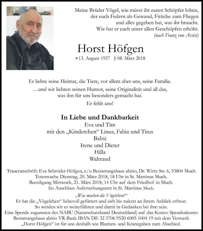  Traueranzeige für Horst Höfgen vom 17.03.2018 aus Kölner Stadt-Anzeiger / Kölnische Rundschau / Express