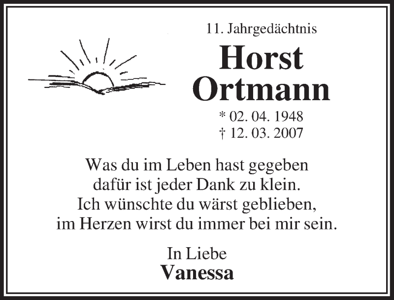  Traueranzeige für Horst Ortmann vom 14.03.2018 aus  Lokalanzeiger 