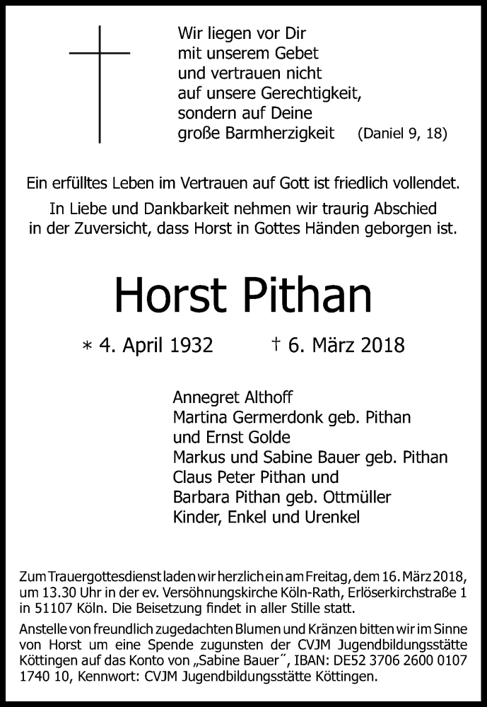  Traueranzeige für Horst Pithan vom 13.03.2018 aus Kölner Stadt-Anzeiger / Kölnische Rundschau / Express