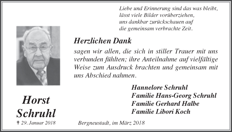  Traueranzeige für Horst Schruhl vom 14.03.2018 aus  Anzeigen Echo 