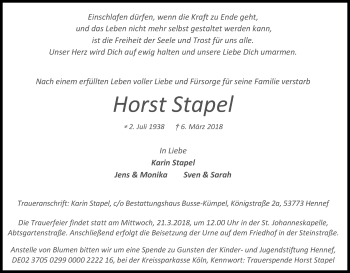 Anzeige von Horst Stapel von Kölner Stadt-Anzeiger / Kölnische Rundschau / Express