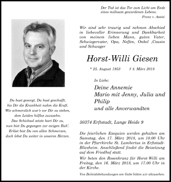 Anzeige von Horst-Willi Giesen von Kölner Stadt-Anzeiger / Kölnische Rundschau / Express