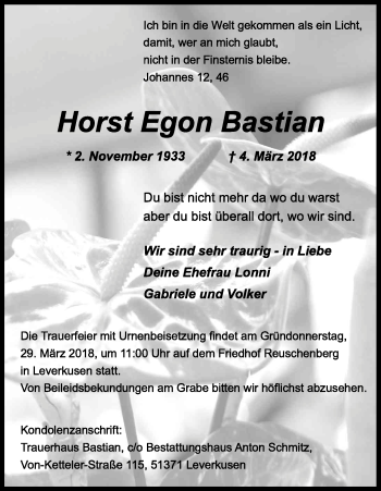Anzeige von Horst Egon Bastian von Kölner Stadt-Anzeiger / Kölnische Rundschau / Express