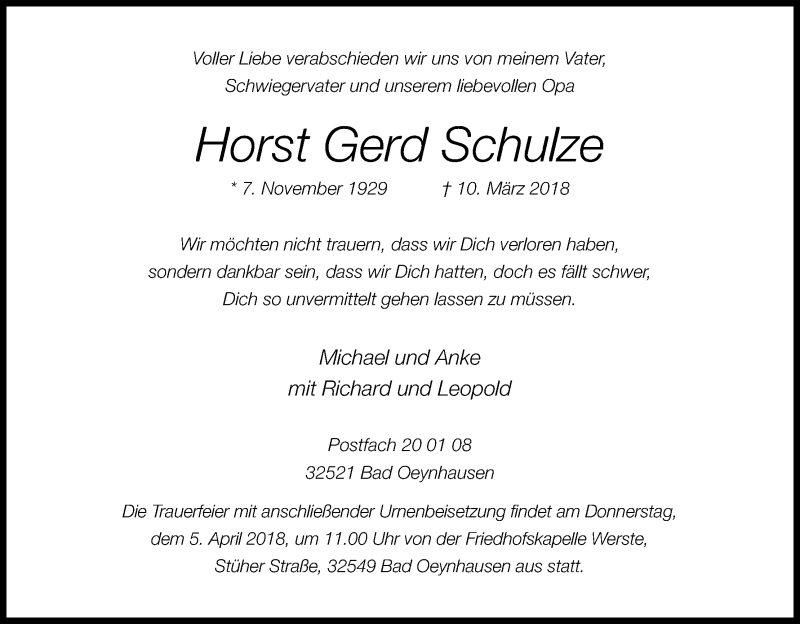  Traueranzeige für Horst Gerd Schulze vom 24.03.2018 aus Kölner Stadt-Anzeiger / Kölnische Rundschau / Express