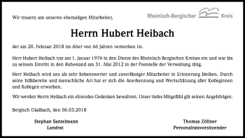Anzeige von Hubert Heibach von Kölner Stadt-Anzeiger / Kölnische Rundschau / Express