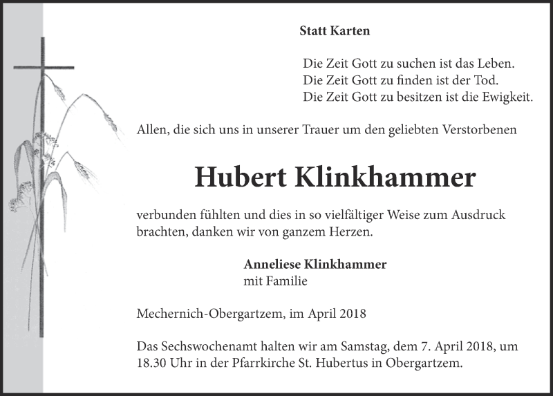 Traueranzeige für Hubert Klinkhammer vom 31.03.2018 aus  Blickpunkt Euskirchen 