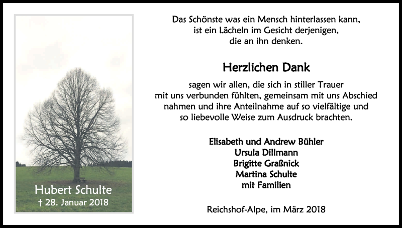  Traueranzeige für Hubert Schulte vom 24.03.2018 aus Kölner Stadt-Anzeiger / Kölnische Rundschau / Express