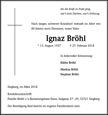 Anzeige von Ignaz Bröhl von Kölner Stadt-Anzeiger / Kölnische Rundschau / Express