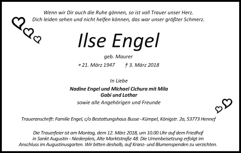  Traueranzeige für Ilse Engel vom 07.03.2018 aus Kölner Stadt-Anzeiger / Kölnische Rundschau / Express