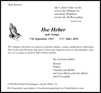 Anzeige von Ilse Heber von Kölner Stadt-Anzeiger / Kölnische Rundschau / Express