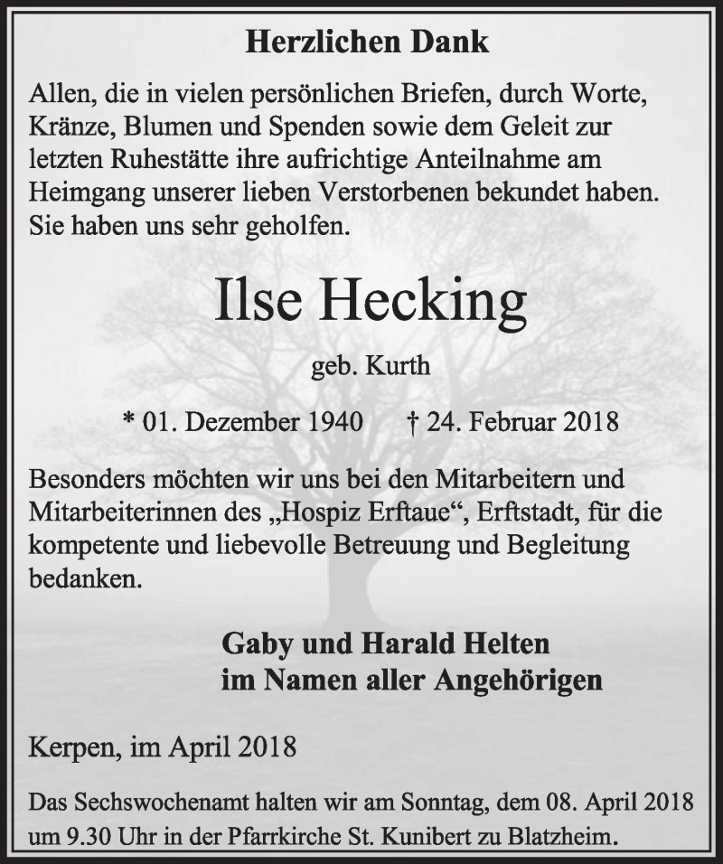  Traueranzeige für Ilse Hecking vom 31.03.2018 aus  Sonntags-Post 