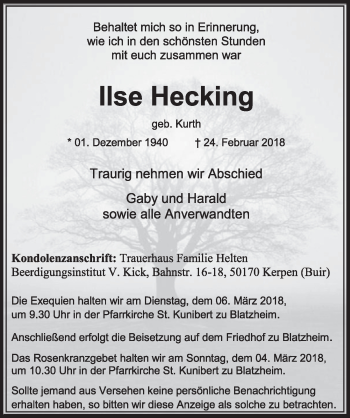 Anzeige von Ilse Hecking von  Sonntags-Post 