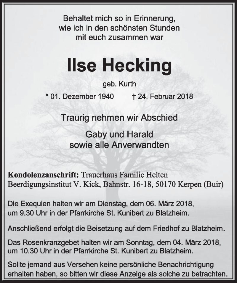  Traueranzeige für Ilse Hecking vom 03.03.2018 aus  Sonntags-Post 